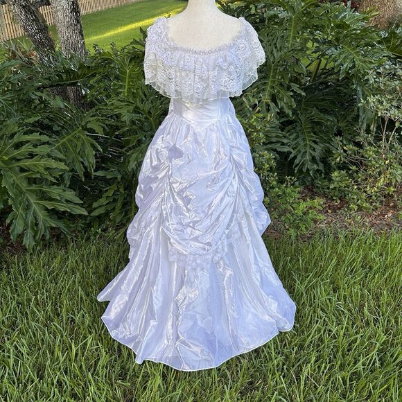 VTG 80’s Jessica McClintock Bridal White Satin Lace Dress-SZ 7  Victorian - Picture 2 of 15